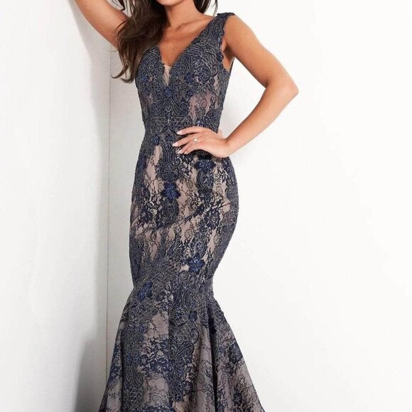 NWT Jovani 04585SC Embroidered Evening Dress Navy 10 - Picture 1 of 6